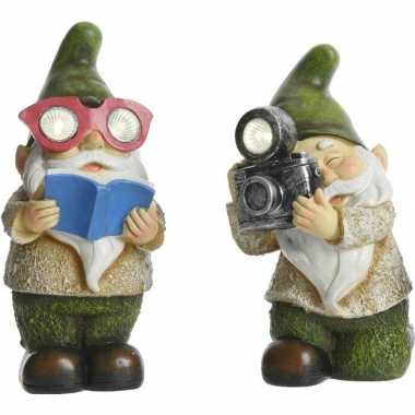 2x tuinkabouter beelden george/james met solar verlichting 24 cm
