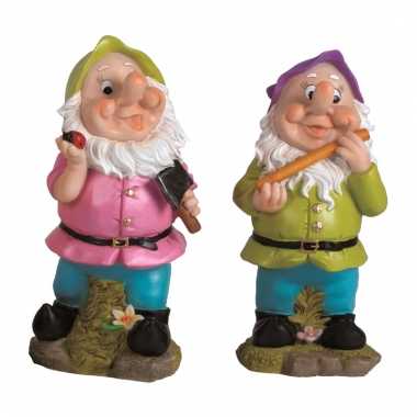 2x tuinkabouters 30 cm groene/paarse mutsen