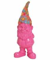 Fuchsia roze tuinkabouter met bloemenmuts 30 cm